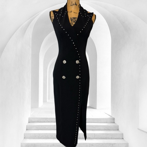 VINTAGE 90s JS Collections black halter midi dress crystal accents slit bodycon - Picture 3 of 9